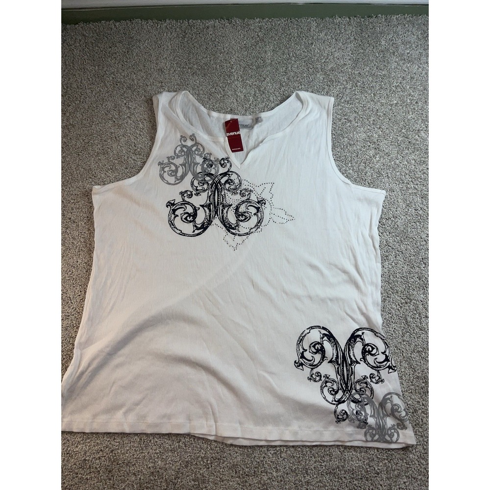 NWT Vtg Avenue Y2K White Ribbed Tank Top Rhinestone Scrollwork Graphic 30/32